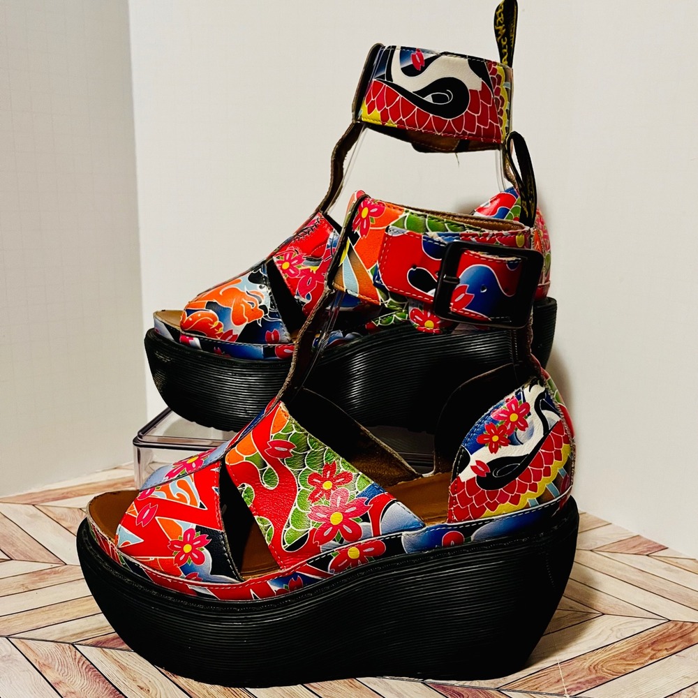 Dr Martens Bessie‎ Wedge Platform Sandals Women 5 Floral Koi Tattoo Psychedelic